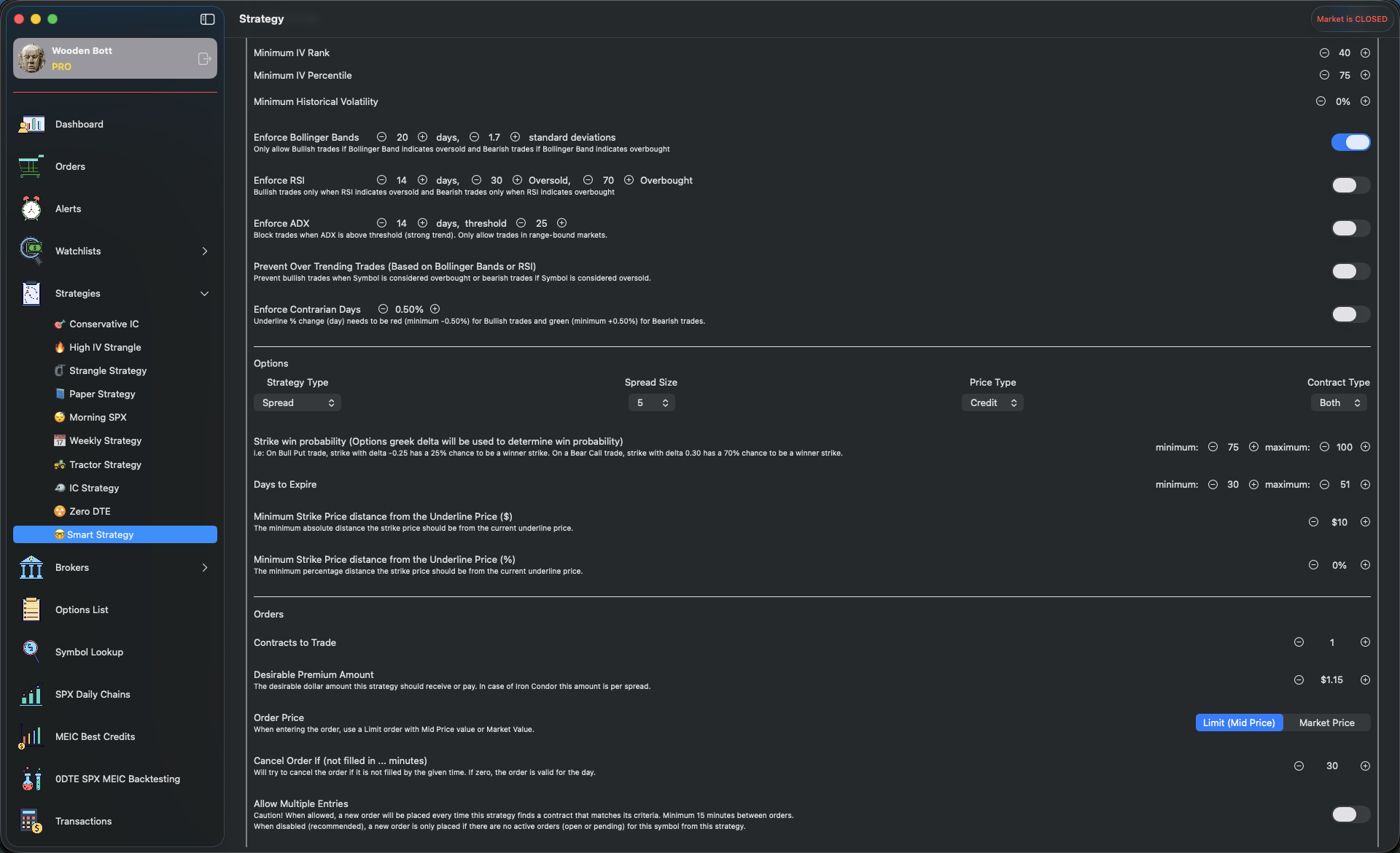 Strategy editor with delta, premium, and DTE settings